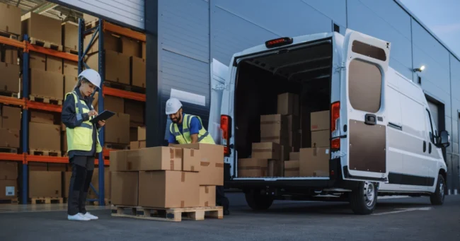 Logistics management workers unload boxes from a van at a warehouse in Salt Lake City, Utah