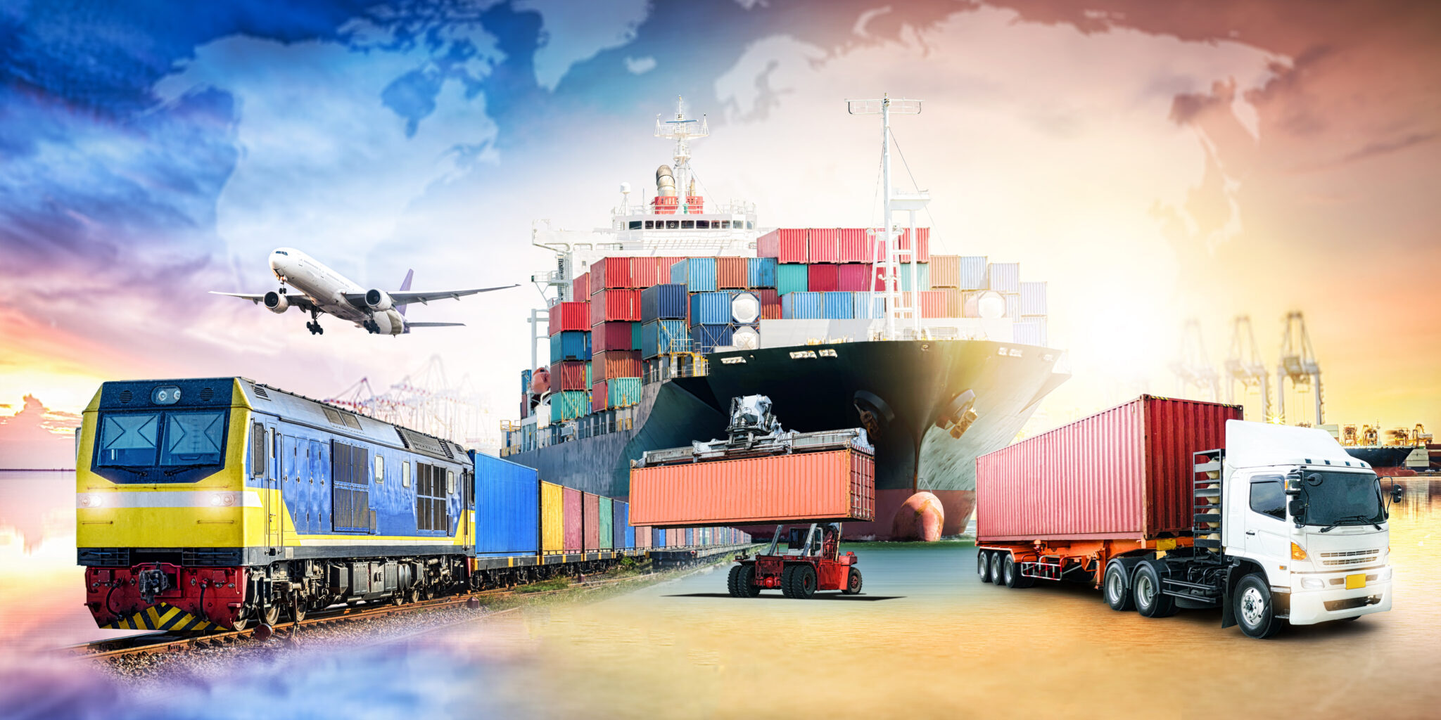 Бизнес-логистика и транспортная концепция контейнерного грузового корабля и грузового самолета на верфи At Sunset Sky Logistic Import Export And Transport Industry Background — стоковые фотографии и другие картинки 2015 - iStock