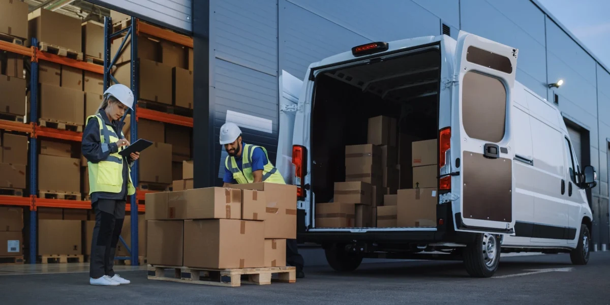 Logistics management workers unload boxes from a van at a warehouse in Salt Lake City, Utah