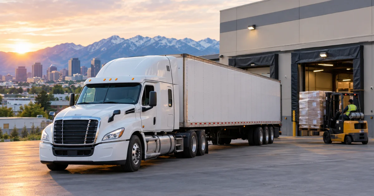 White semi-truck trailer parked at warehouse loading dock with forklift loading pallets in Salt Lake City
